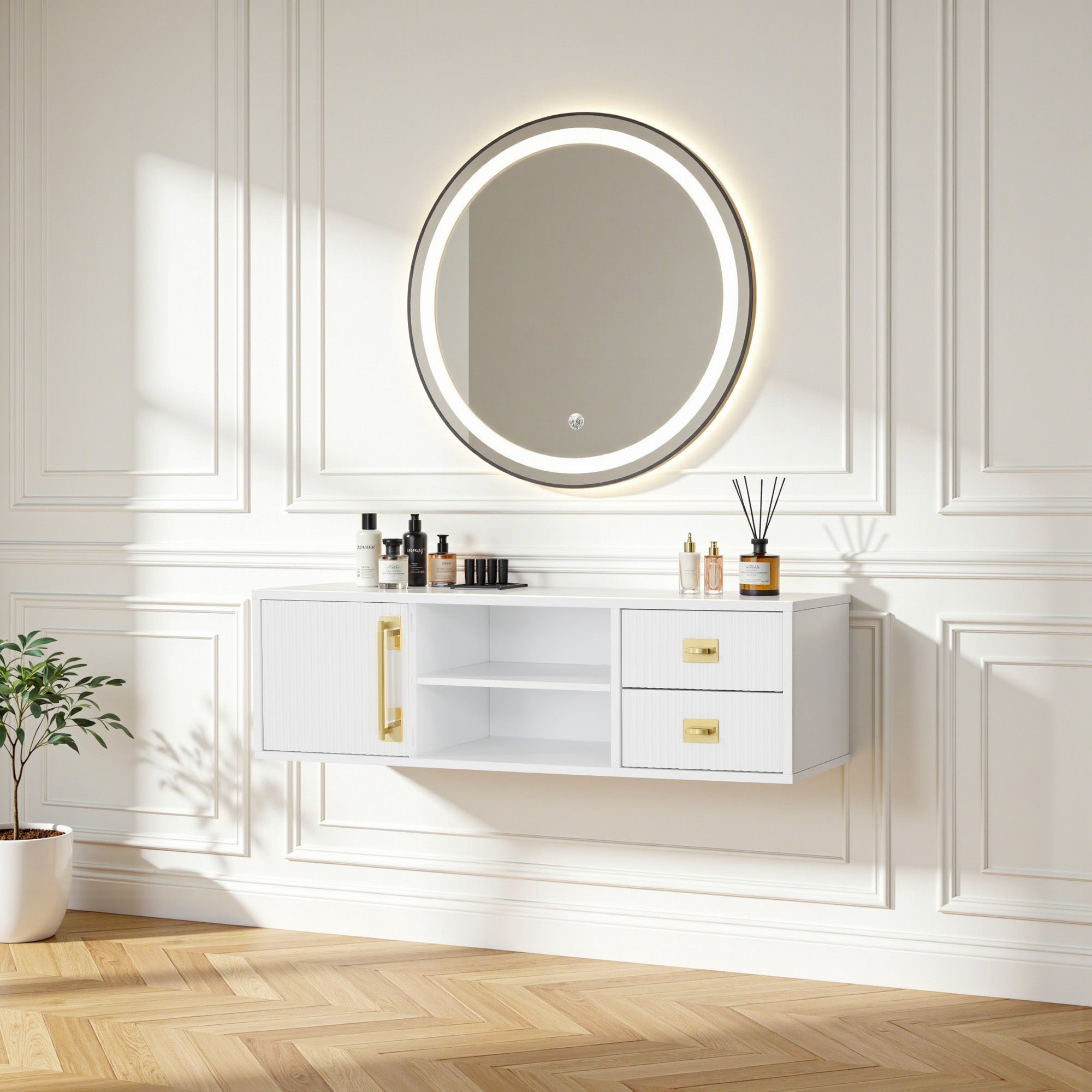 Modern Fluted Wall Mounted Barber Station for Storage, Salon Beauty Cabinet with Golden Handle 2504