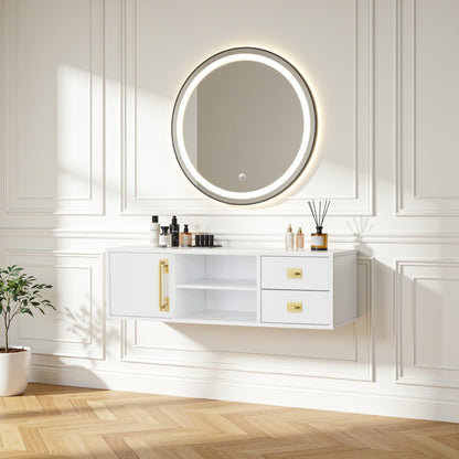 Modern Fluted Wall Mounted Barber Station for Storage, Salon Beauty Cabinet with Golden Handle 2504