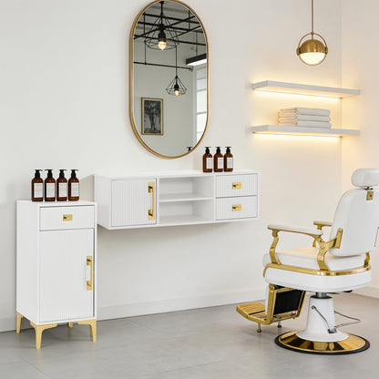 Stylish Fluted Free-Standing Barber Station for Storage, Salon Beauty Cabinet with Golden Handle 2027