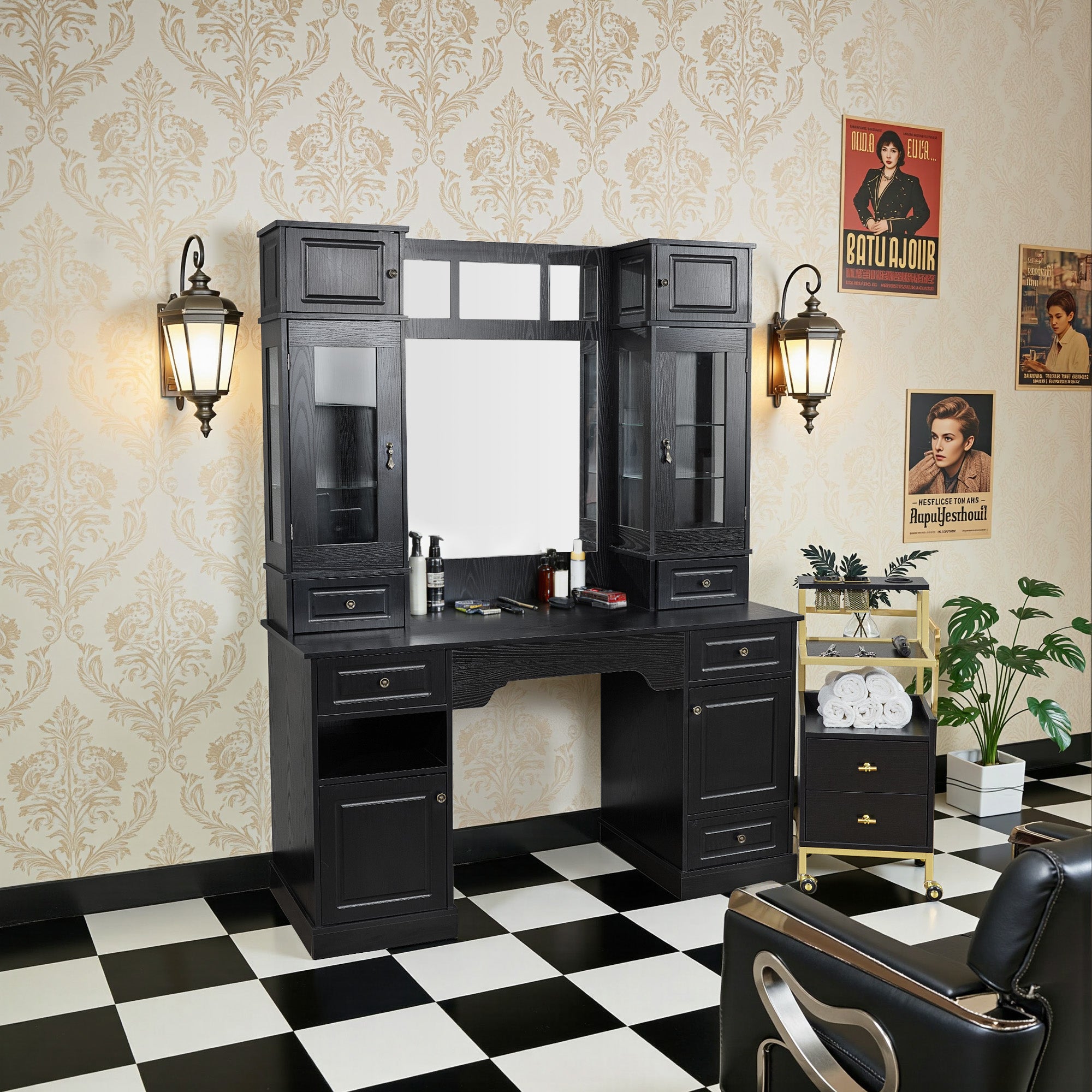 Black Vintage Barber Station for Storage, Classic Salon Workstation with Integrated Mirror 3149