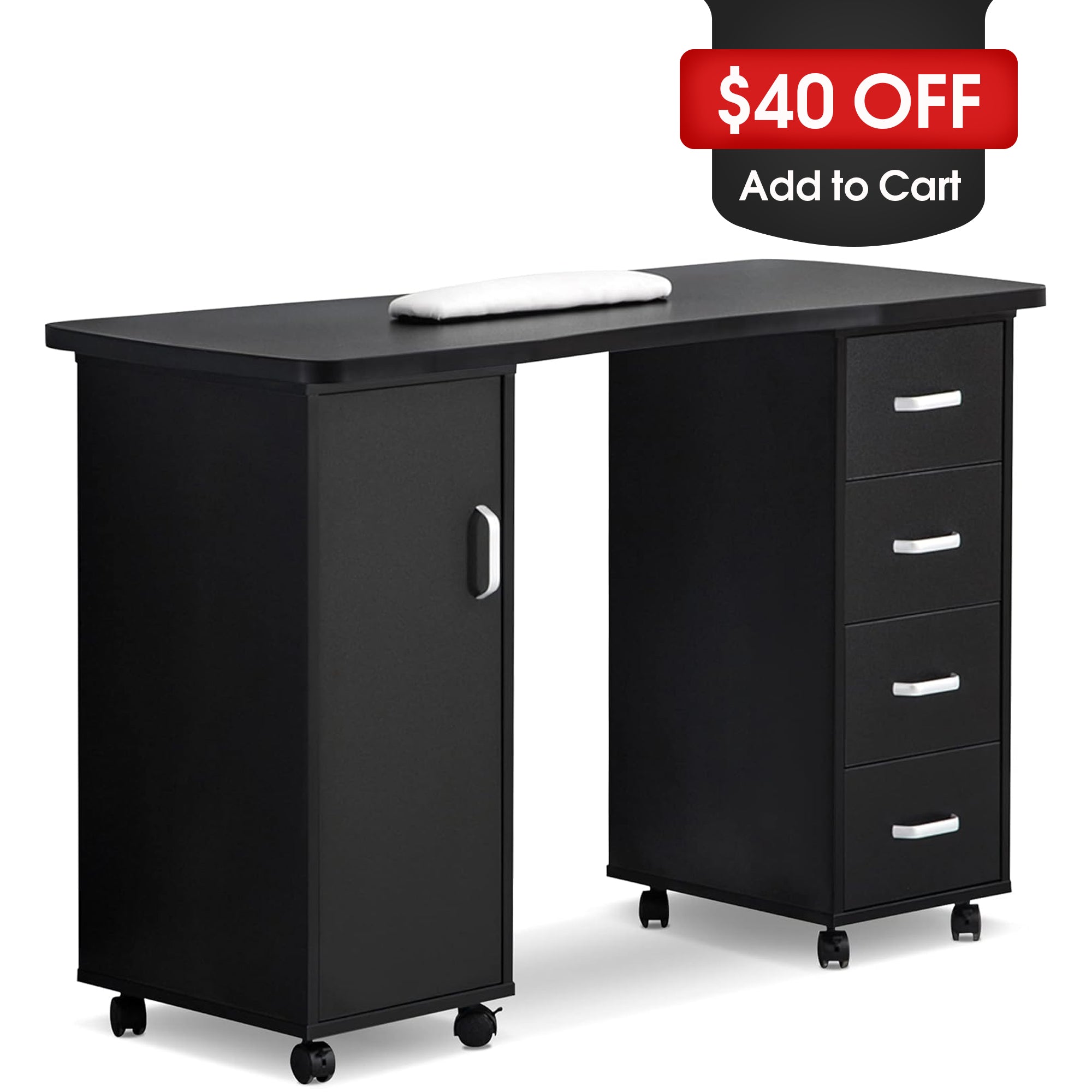 Manicure Acetone Resistant Table with Lockable Wheels, Nail Art Station for Storage 0611