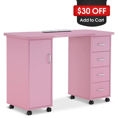 Manicure Acetone Resistant Table with Lockable Wheels, Nail Art Station for Storage 0611