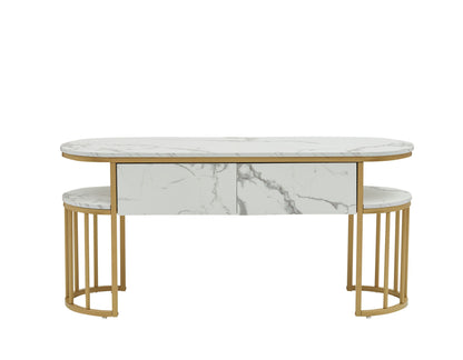 BarberPub White Nail Desk, Modern Faux Marble Top Manicure Table with Gold Metal Frame 6203