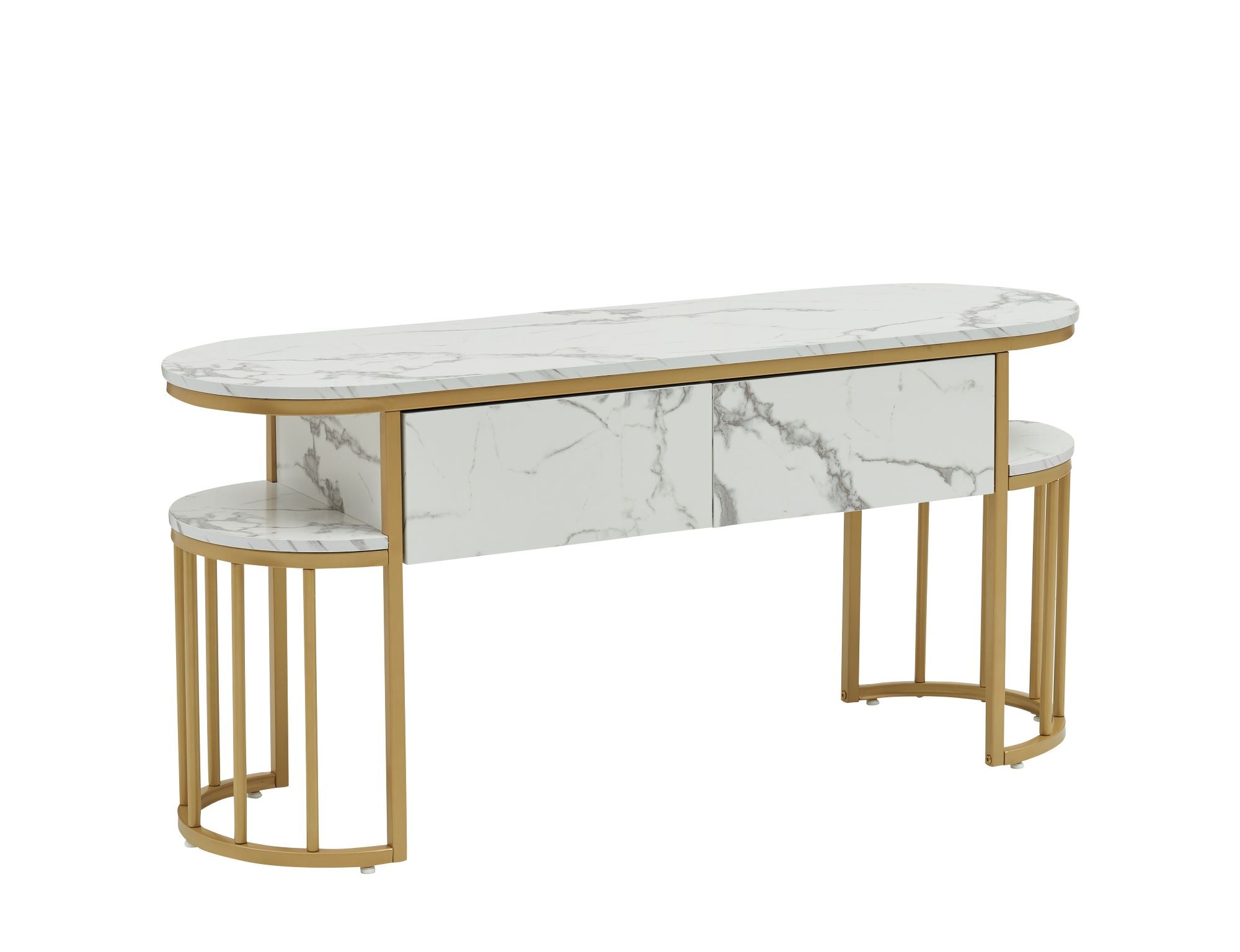 BarberPub White Nail Desk, Modern Faux Marble Top Manicure Table with Gold Metal Frame 6203