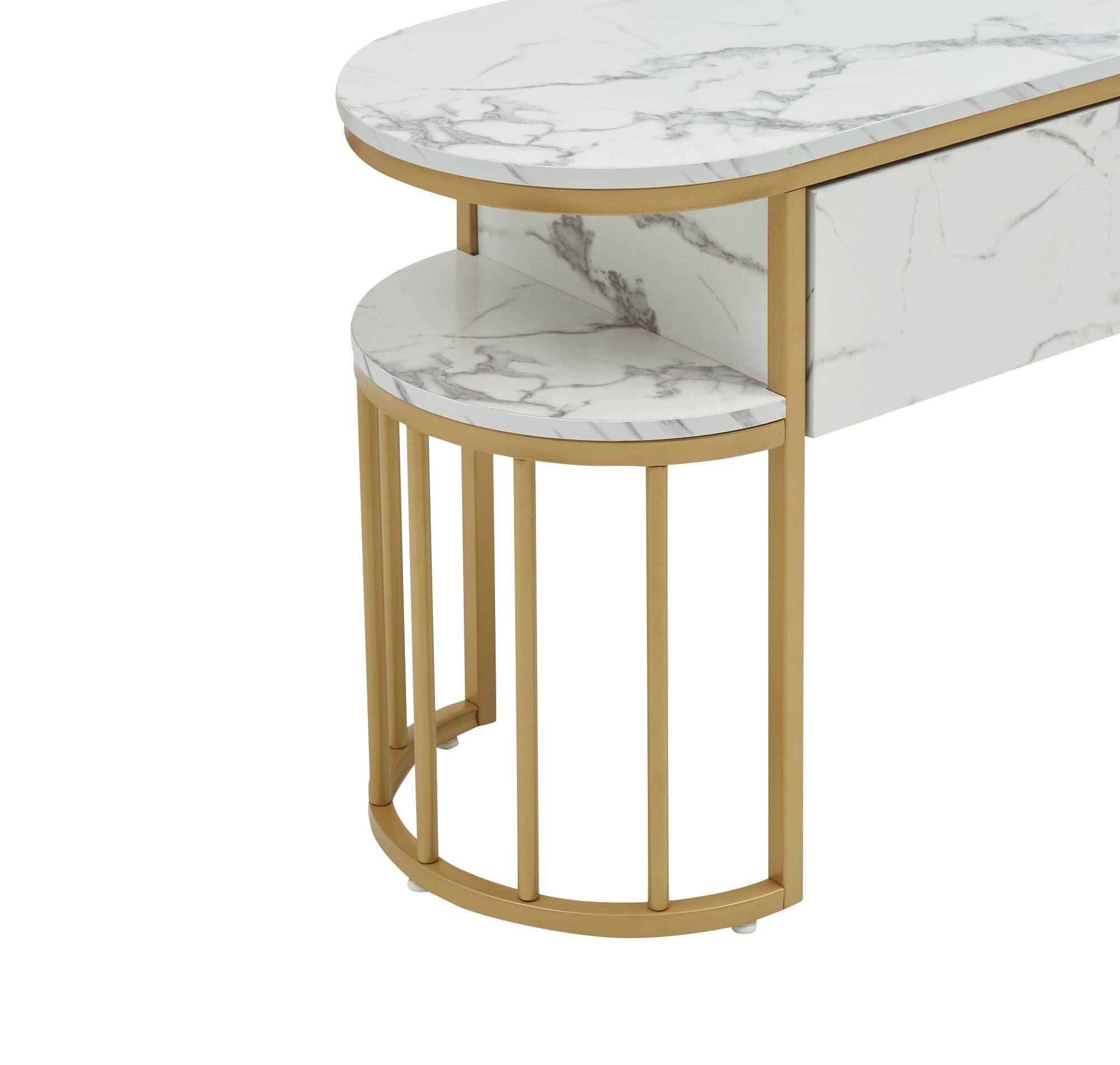 BarberPub White Nail Desk, Modern Faux Marble Top Manicure Table with Gold Metal Frame 6203