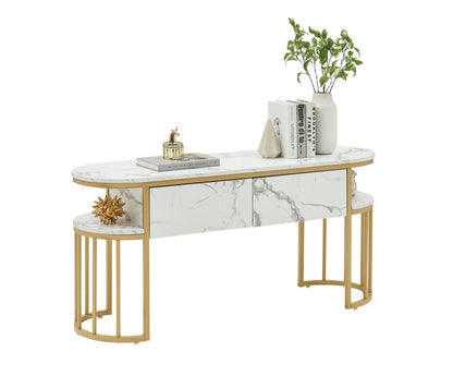 BarberPub White Nail Desk, Modern Faux Marble Top Manicure Table with Gold Metal Frame 6203