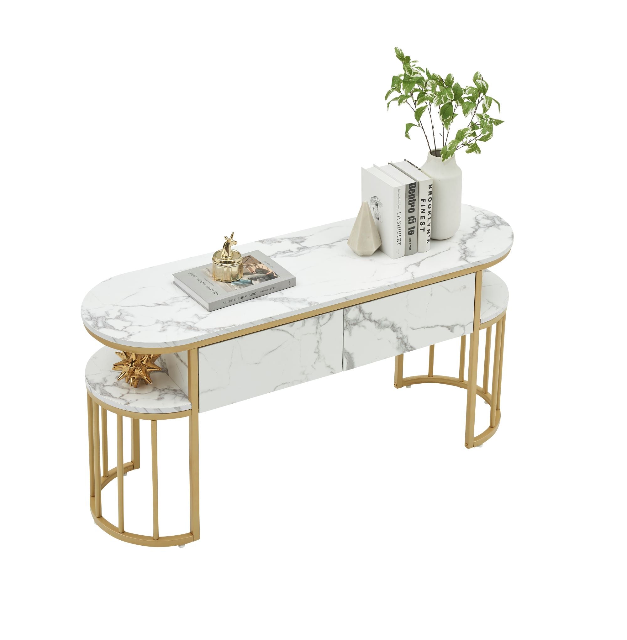 BarberPub White Nail Desk, Modern Faux Marble Top Manicure Table with Gold Metal Frame 6203