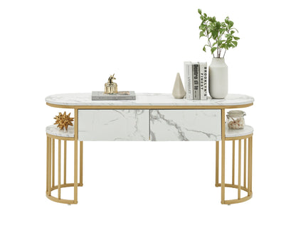 BarberPub White Nail Desk, Modern Faux Marble Top Manicure Table with Gold Metal Frame 6203