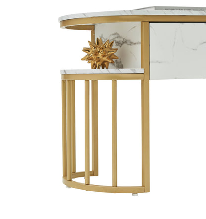 BarberPub White Nail Desk, Modern Faux Marble Top Manicure Table with Gold Metal Frame 6203