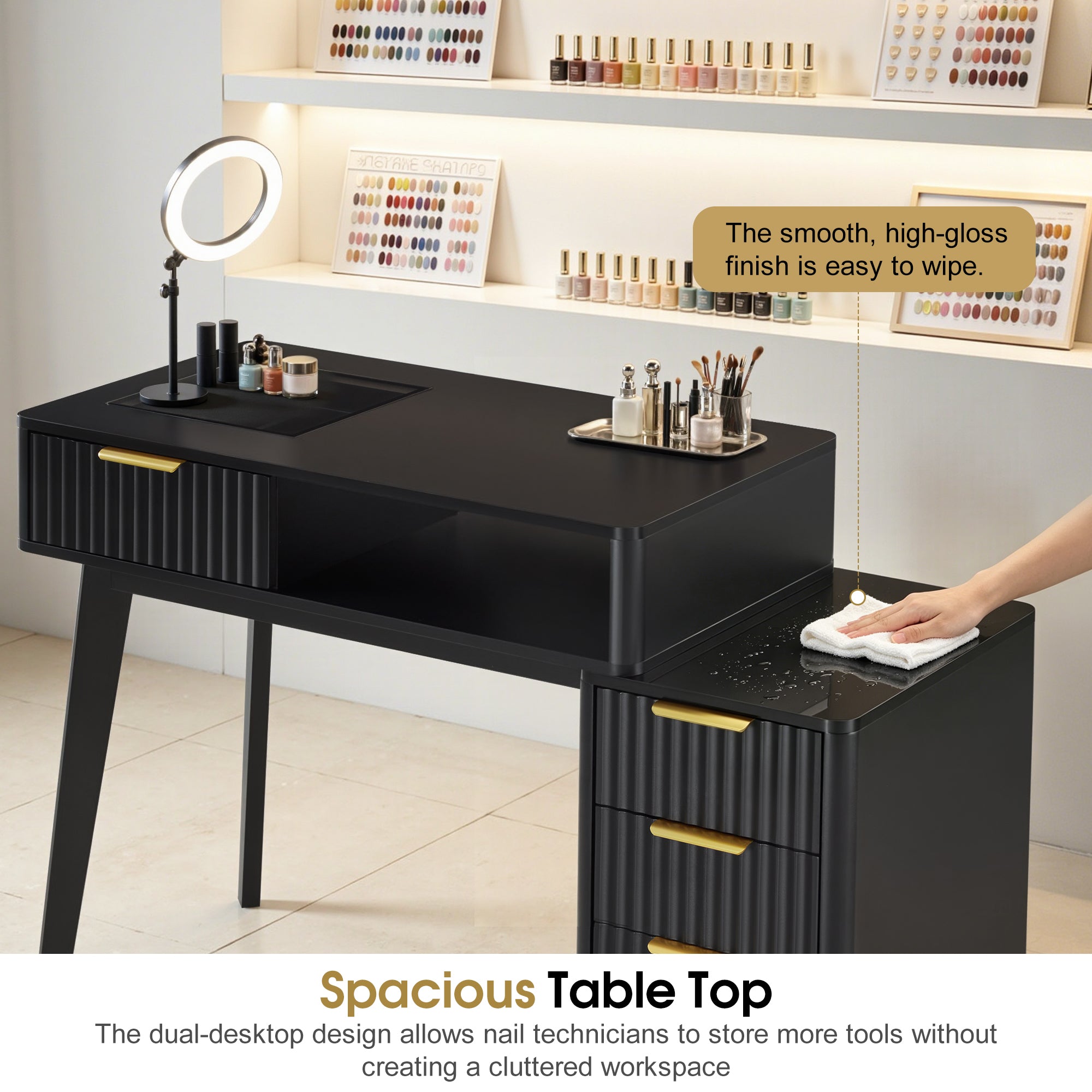 BarberPub Professional Manicure Table, High Gloss Nail Desk with Glass Display & Storage Drawers 2899