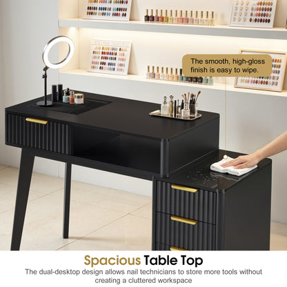 BarberPub Professional Manicure Table, High Gloss Nail Desk with Glass Display & Storage Drawers 2899