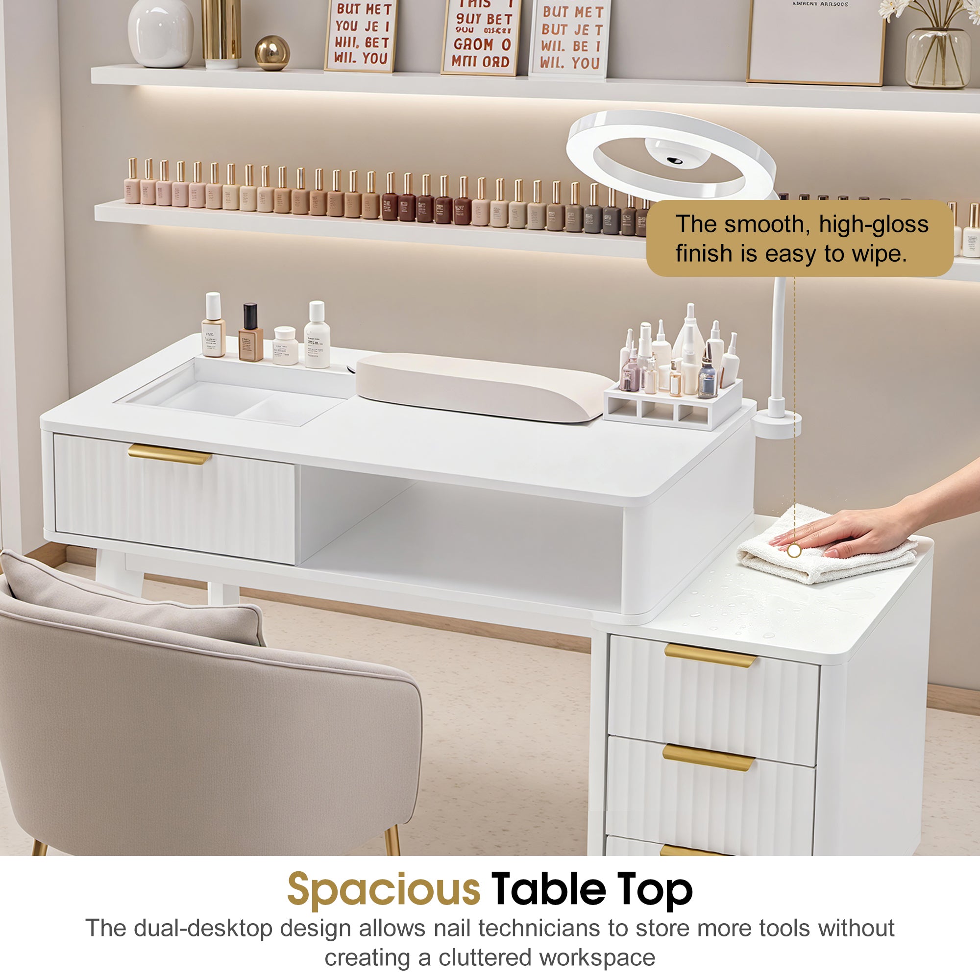 BarberPub Professional Manicure Table, High Gloss Nail Desk with Glass Display & Storage Drawers 2899