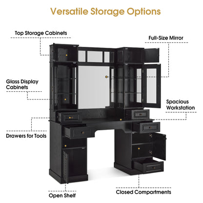 Black Vintage Barber Station for Storage, Classic Salon Workstation with Integrated Mirror 3149