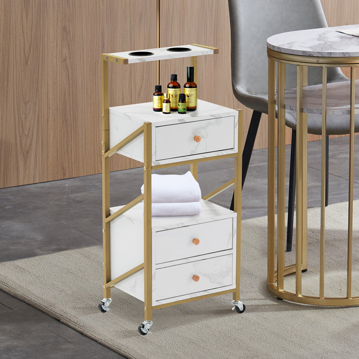 BarberPub Salon Trolley Cart with Wheels Rolling Cart Barber Station with Drawers Marbled Board for Beauty Salon Makeup Storage 2042