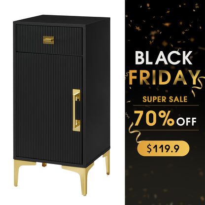 Black Fluted Free-Standing Barber Station for Storage, Salon Beauty Cabinet with Golden Handle 2027