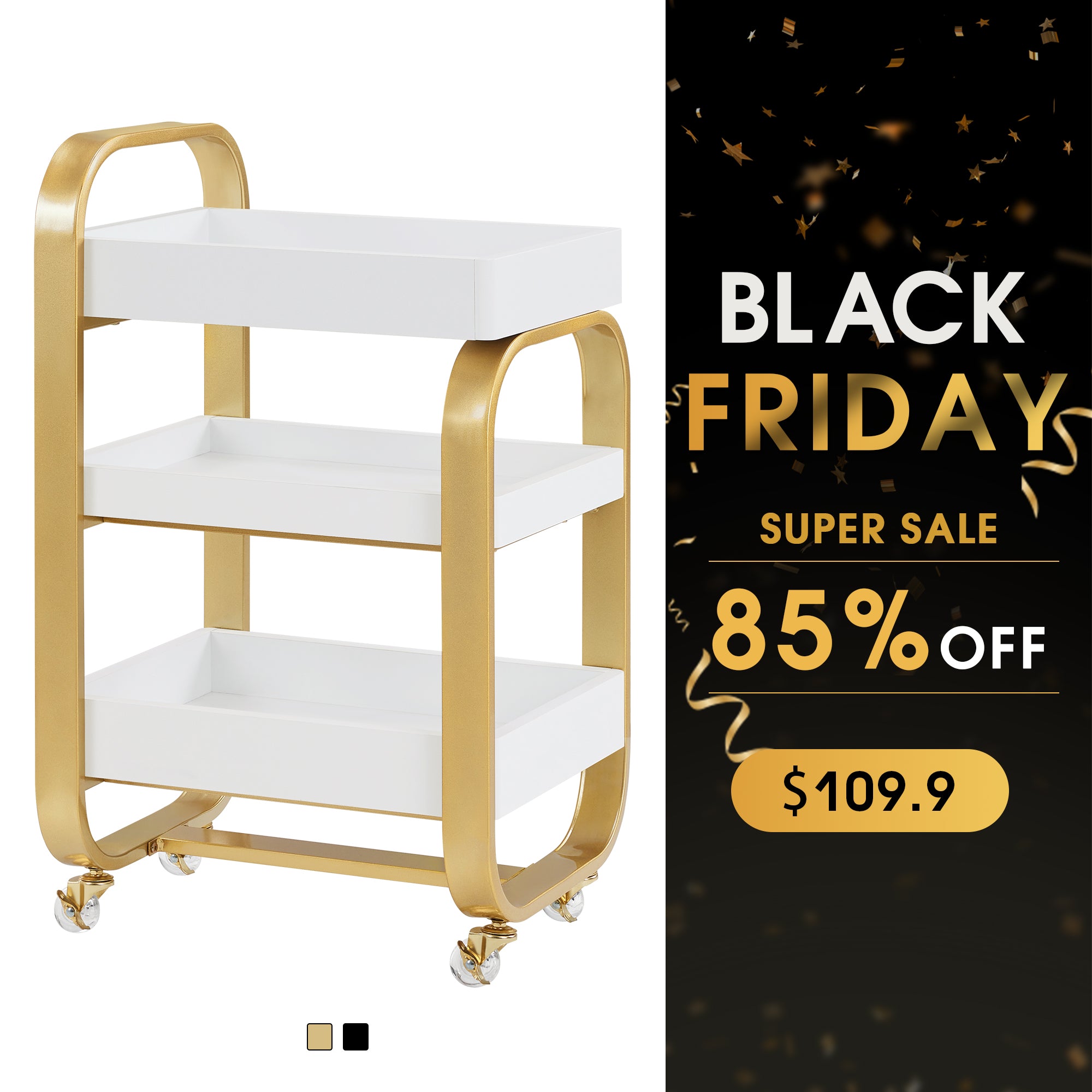 3-Tier Modern Salon Rolling Trolley with Metal Frame, Barber Storage Cart with Lockable Wheels 2085