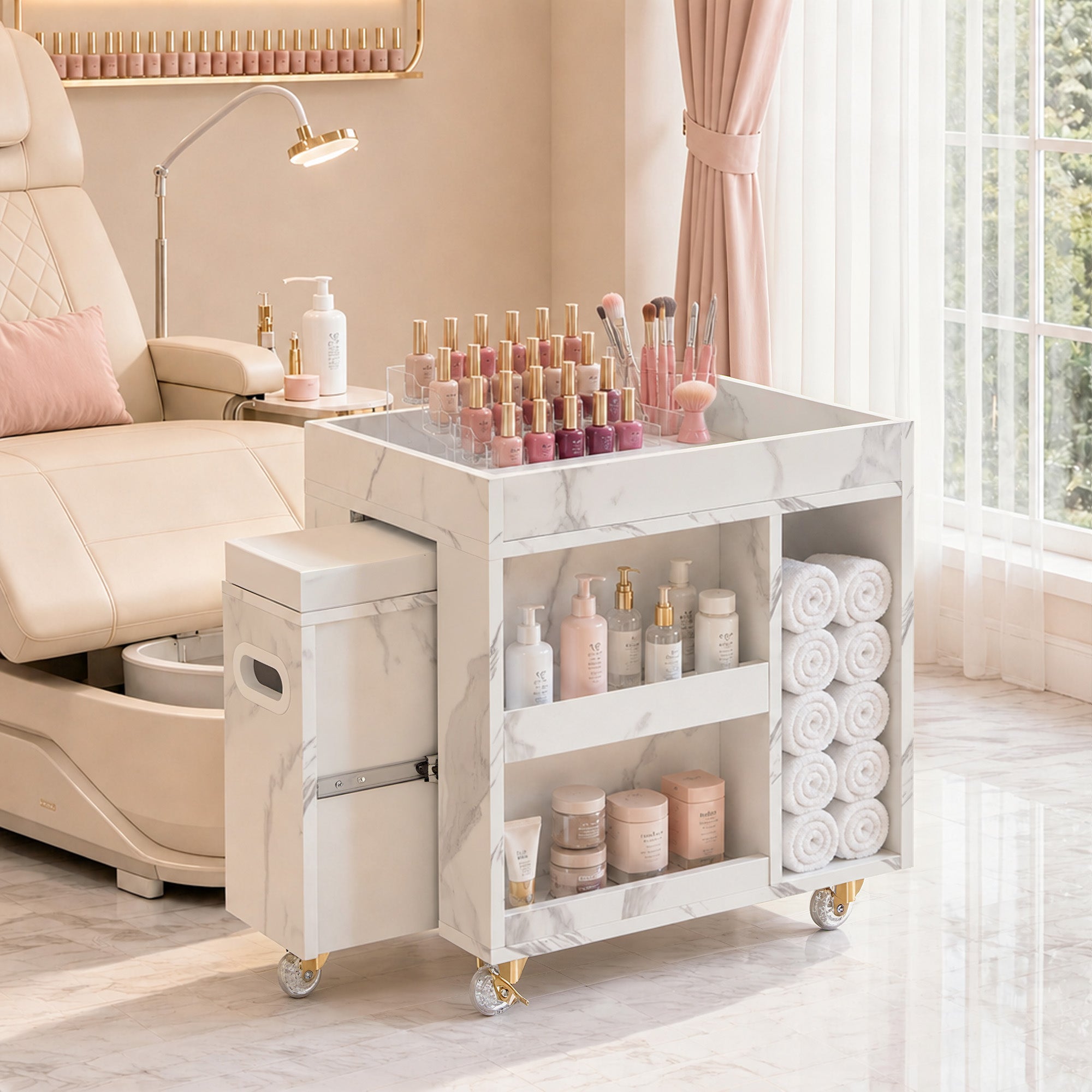 BarberPub Foot Nail Cart with Diverse Storage Spaces, Mobile Pedicure Trolley Featuring 4 Lockable Wheels 2091/2099