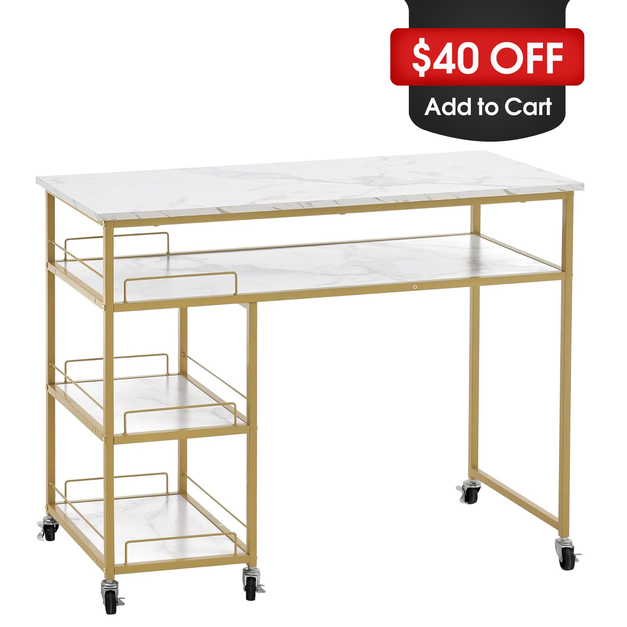 Simple Manicure Table with Rolling Wheels, Modern Marbling Makeup Station 2401