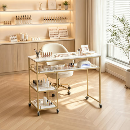Simple Manicure Table with Rolling Wheels, Modern Marbling Makeup Station 2401