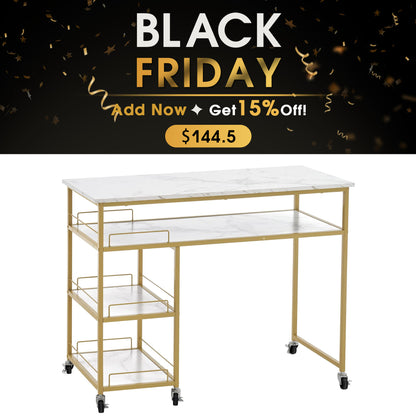 Simple Manicure Table with Rolling Wheels, Modern Marbling Makeup Station 2401