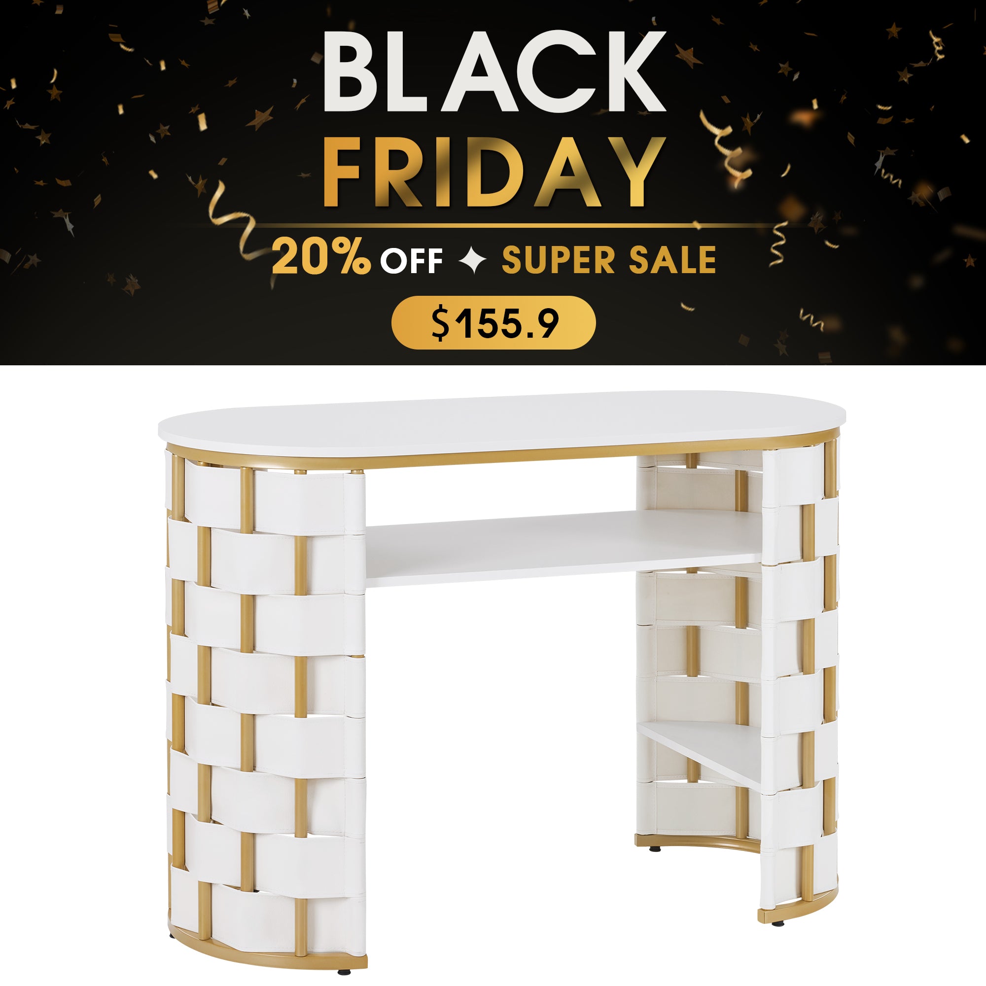 White Woven Leather Manicure Table for Storage, Beauty Salon Nail Desk with Metal Frame 2405