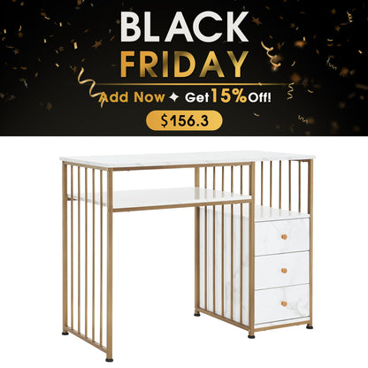 BarberPub Marbling Texture Manicure Table Nail Desk with Storage Drawers 2407