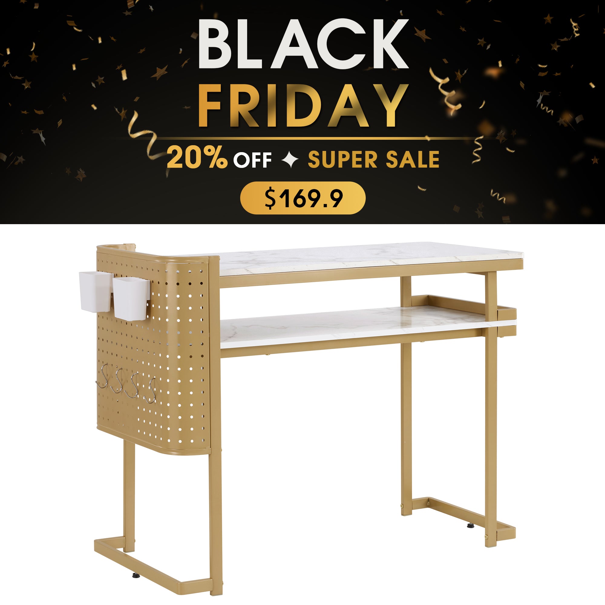 Nail Art Desk with Built-in Power Outlets & Pegboard Panel, Marbling Texture Manicure Table 2416