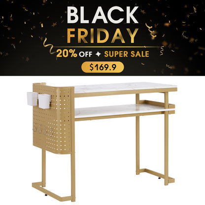 Nail Art Desk with Built-in Power Outlets & Pegboard Panel, Marbling Texture Manicure Table 2416