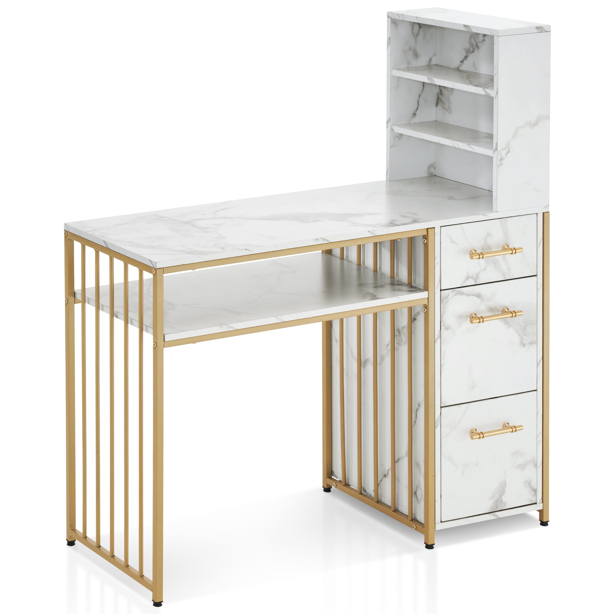 BarberPub L-Shaped Marbling Texture Manicure Table Beauty Workstation with Open Shelves 2423