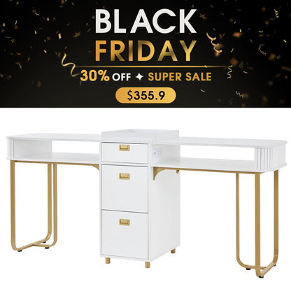 Modern Double Manicure Table for Storage, Acetone Resistant Nail Desk with Built-In Power Outlet 2451