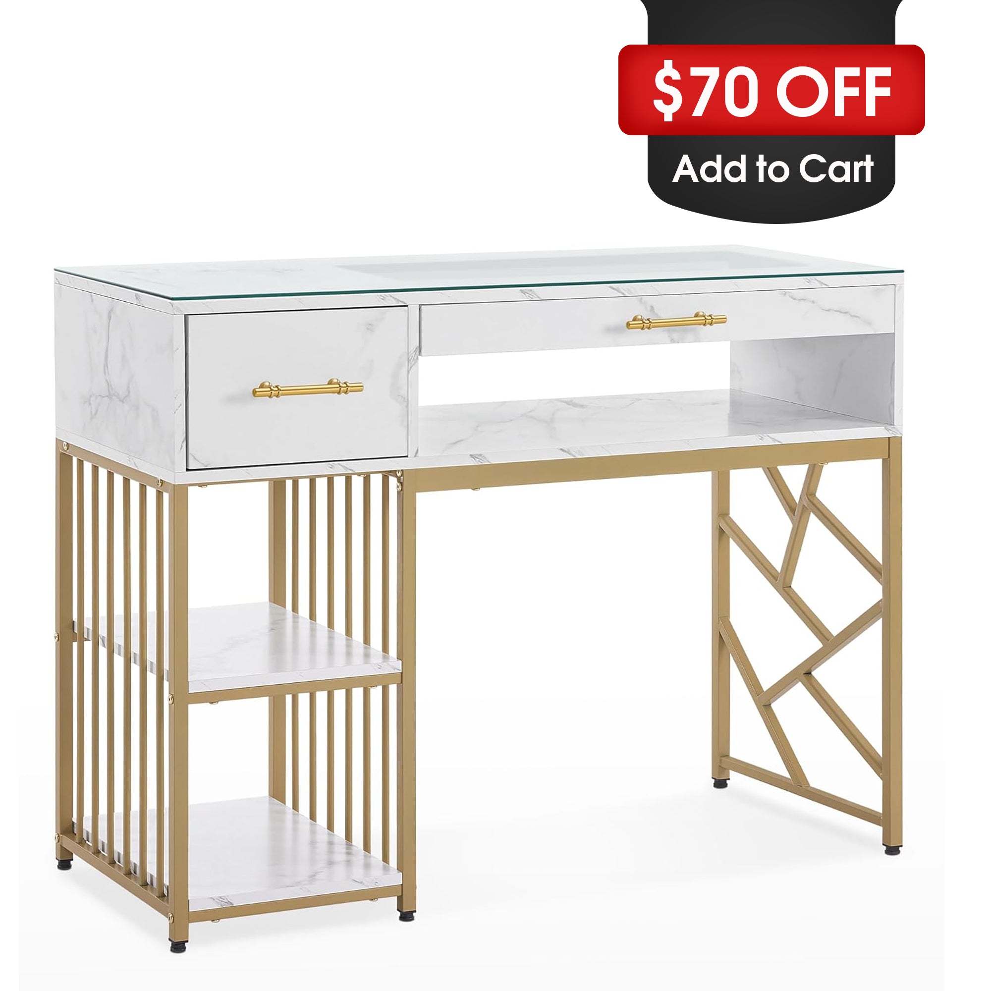 BarberPub Manicure Table with Glass Display, Marbling Texture Nail Storage Desk 2460