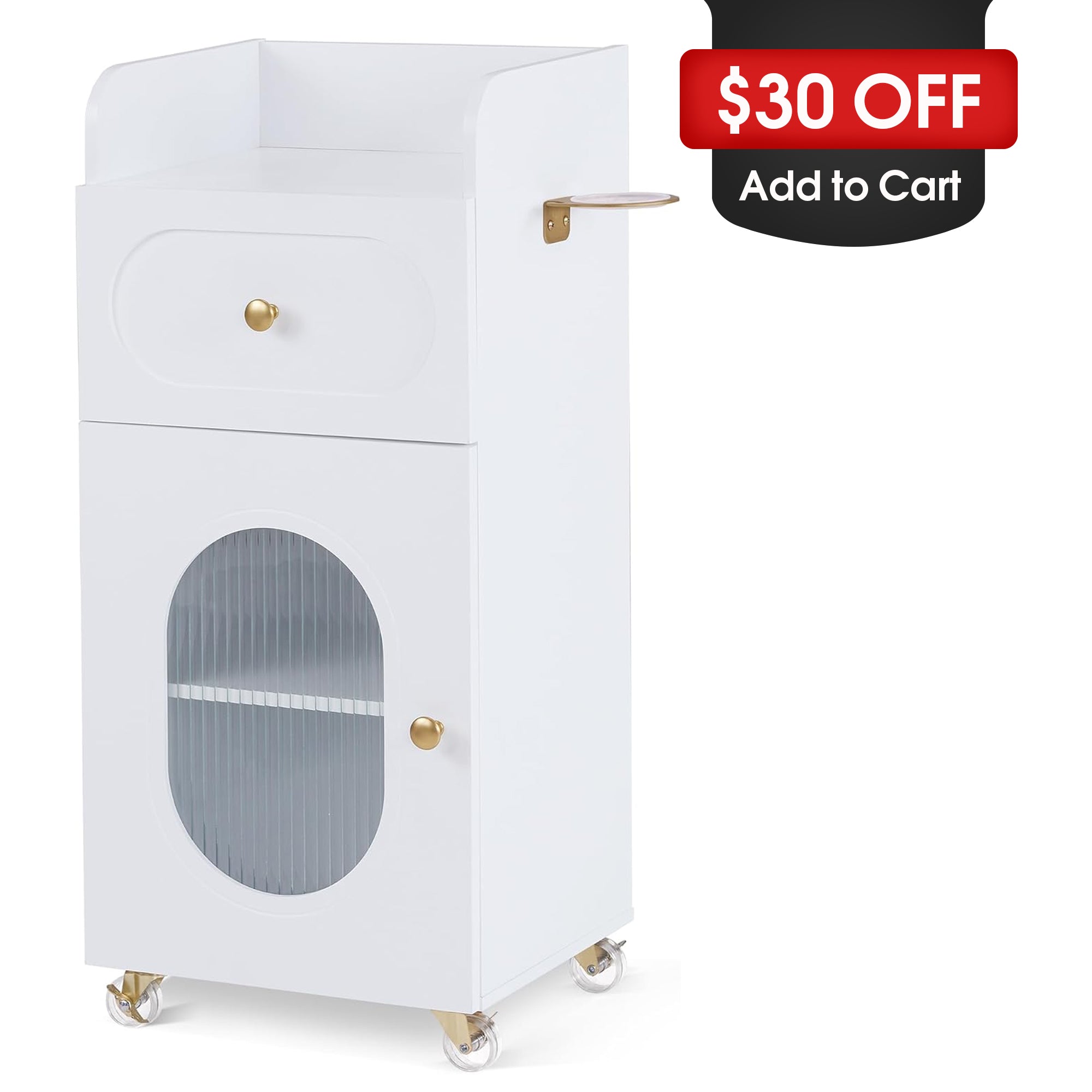 Salon Rolling Trolley Cart with Oval Window, Barber Styling Cart with White Paint Finish 2498