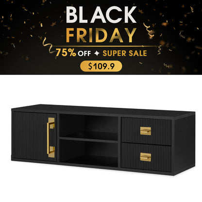 Black Fluted Wall Mounted Barber Station for Storage, Salon Beauty Cabinet with Golden Handle 2504