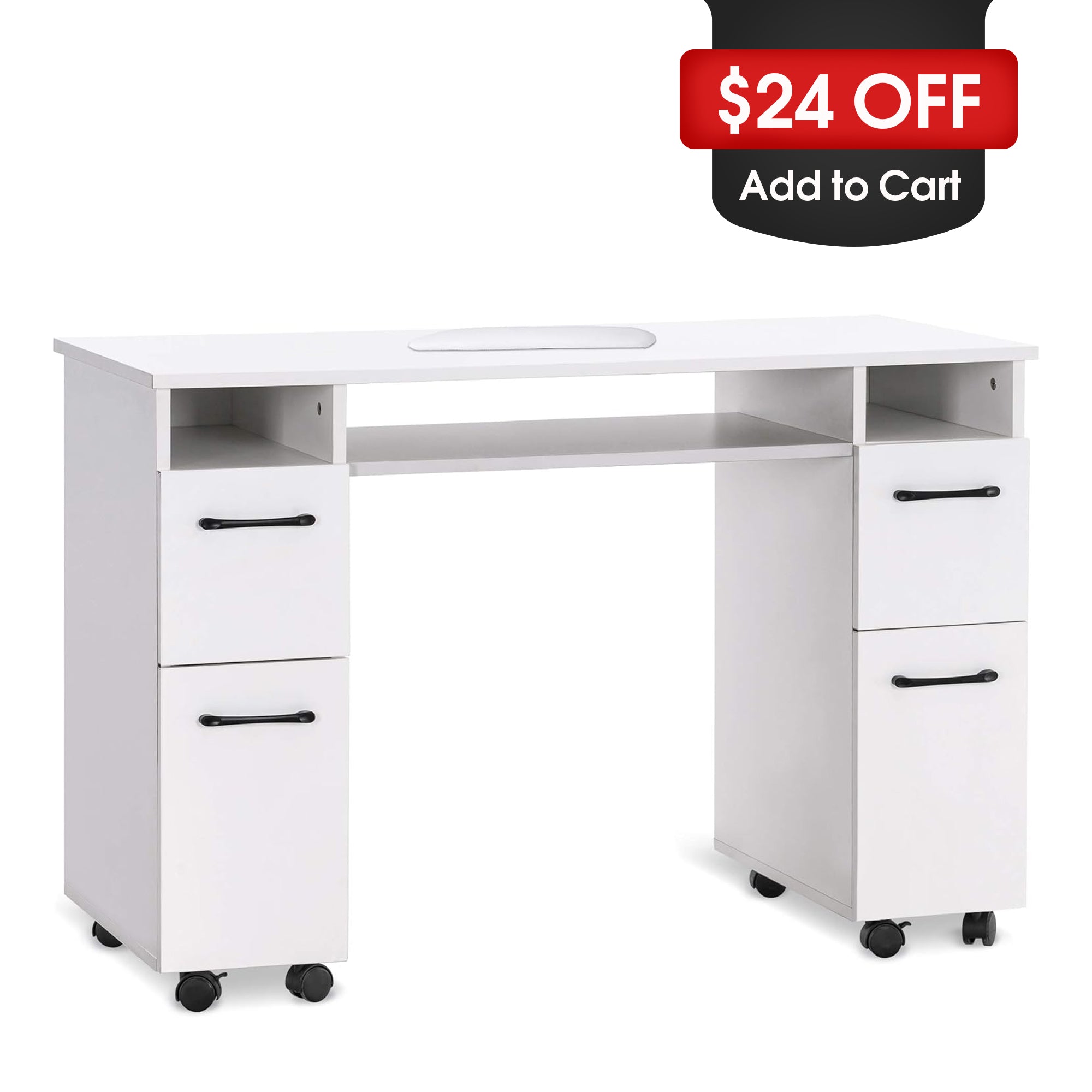 Manicure Table with Lockable Wheels, Beauty Nail Art Desk with Storage Drawers & Cabinets 2600