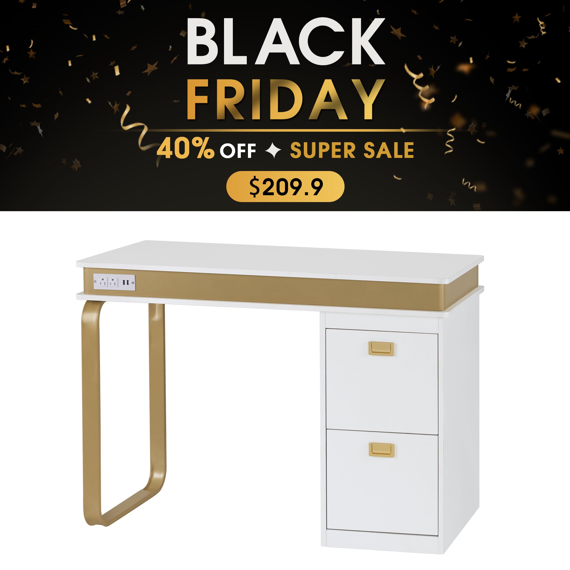 Modern White & Gold Manicure Table with Outlets, Beauty Nail Desk with Big Drawers for Storage 2626