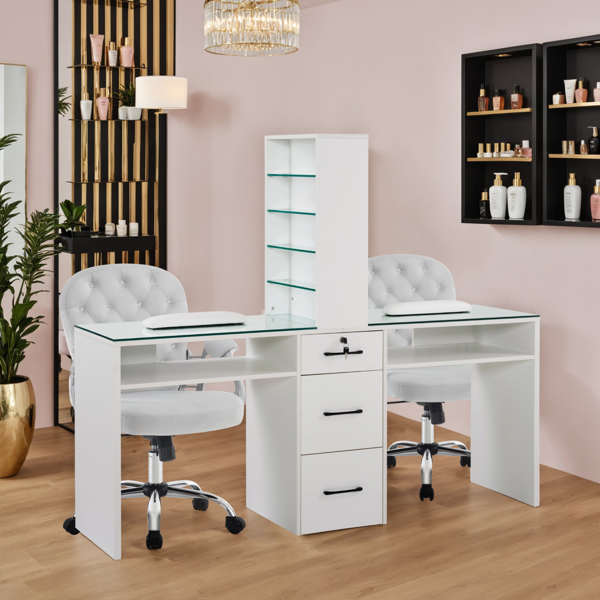 BarberPub Double Manicure Table for Storage, Functional Nail Desk with Glass 2666