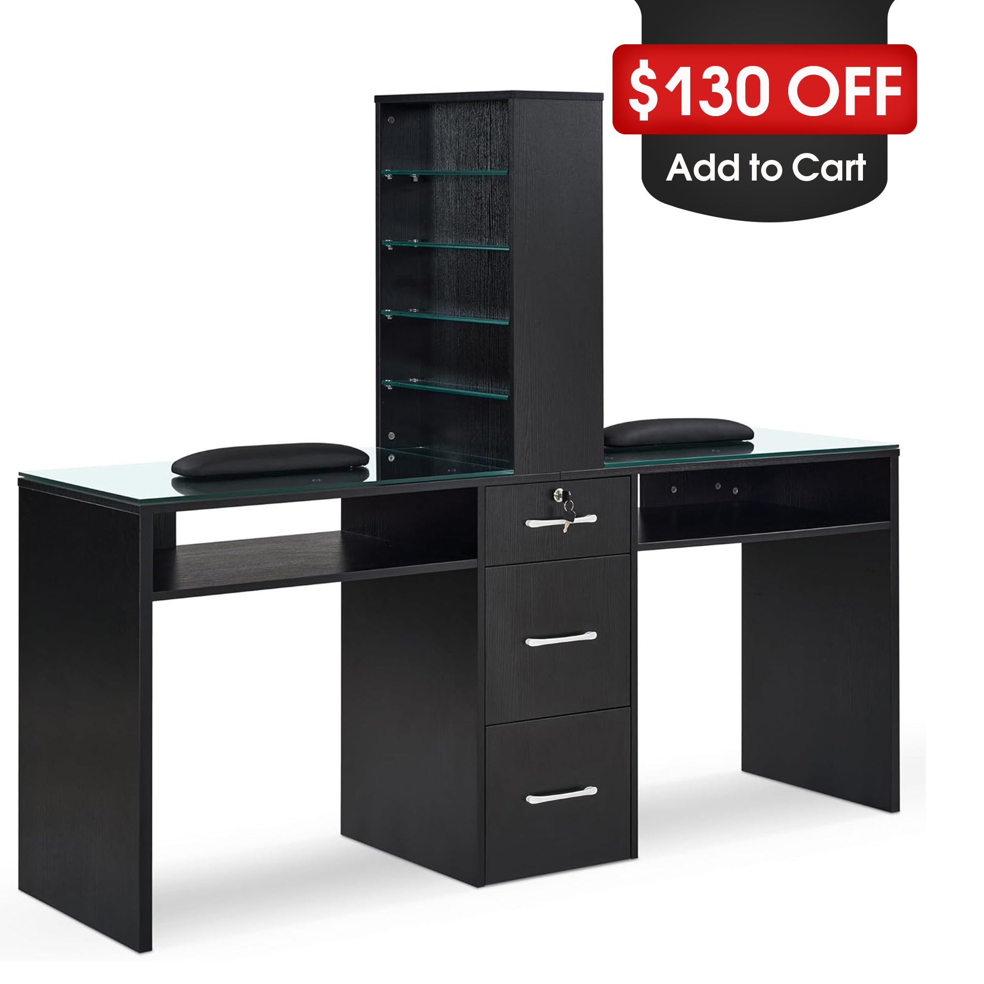 BarberPub Double Manicure Table for Storage, Functional Nail Desk with Glass 2666