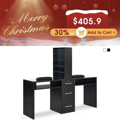 BarberPub Double Manicure Table for Storage, Functional Nail Desk with Glass 2666