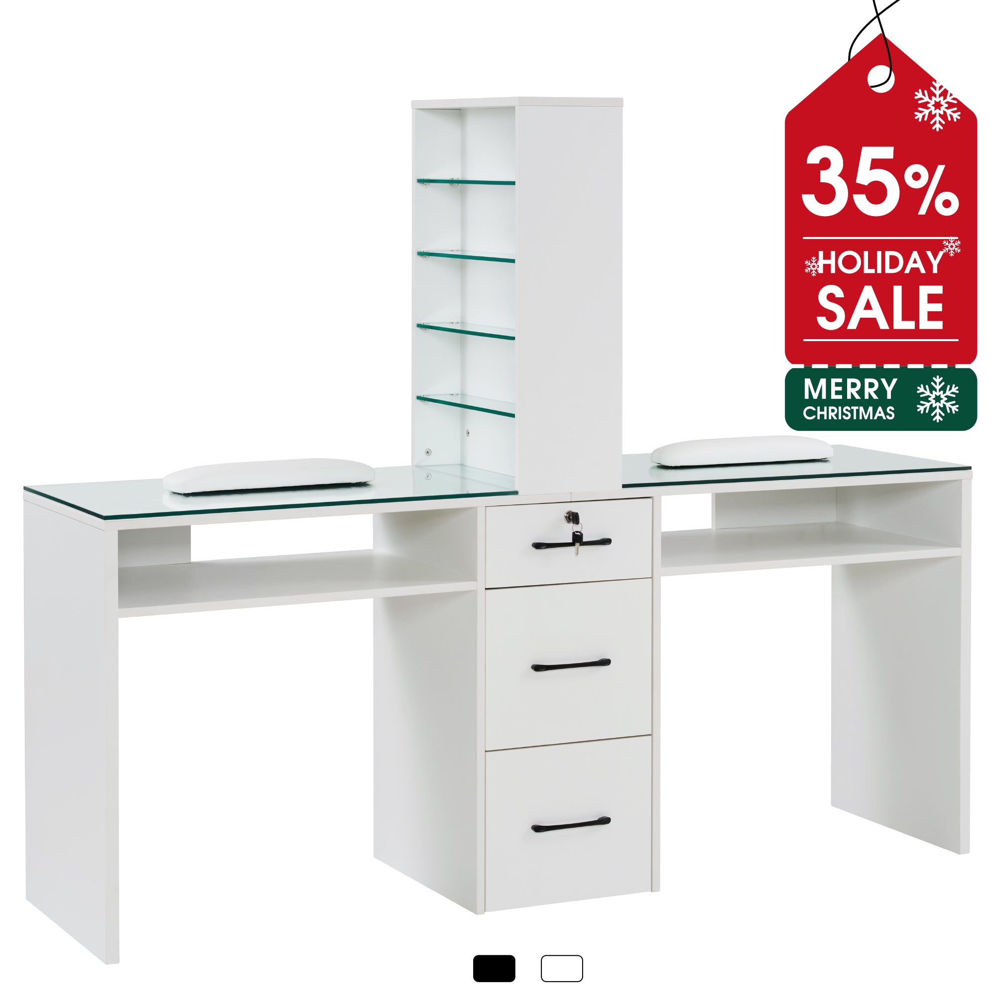 BarberPub Double Manicure Table for Storage, Functional Nail Desk with Glass 2666