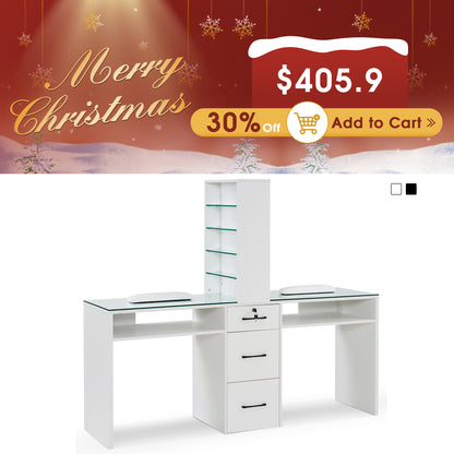 BarberPub Double Manicure Table for Storage, Functional Nail Desk with Glass 2666
