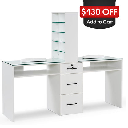 BarberPub Double Manicure Table for Storage, Functional Nail Desk with Glass 2666