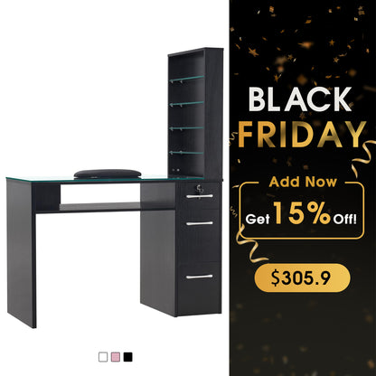 Glass Top Manicure Table With Open Shelves, Nail Tech Desk with Storage Drawers 2673