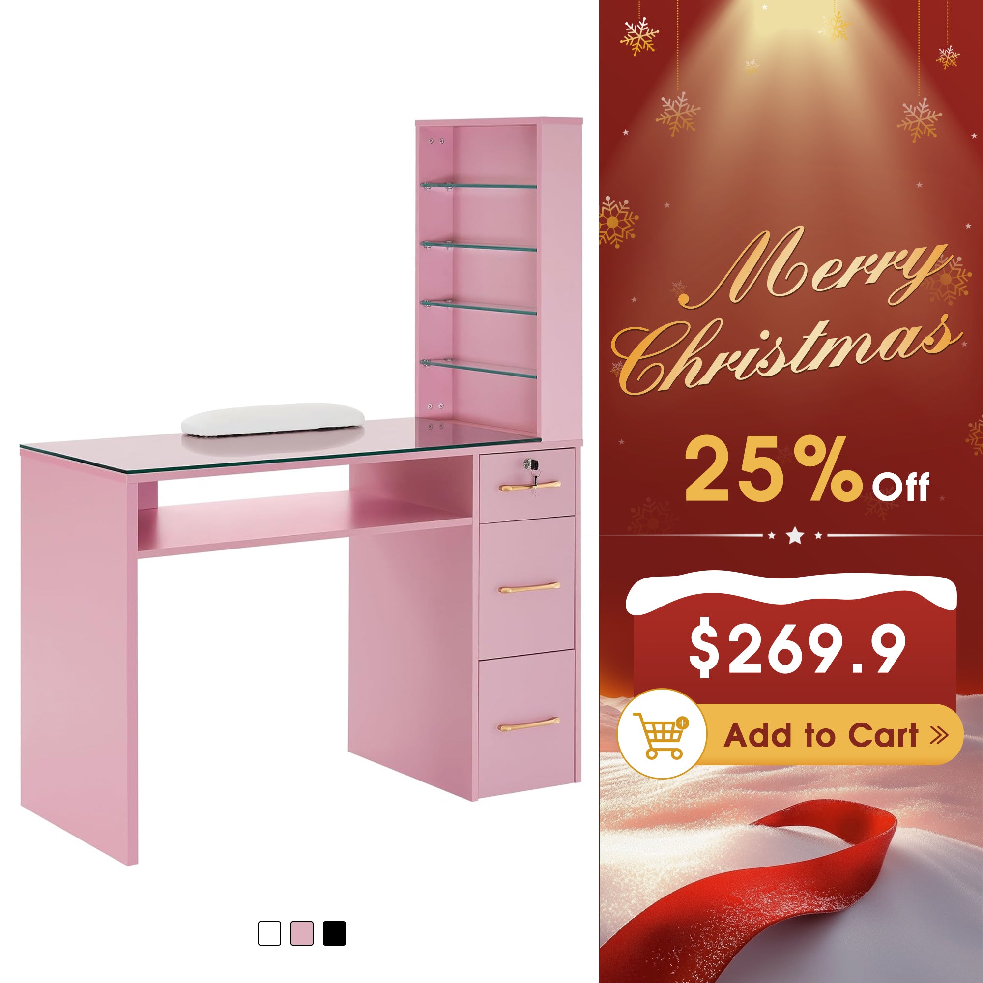 Glass Top Manicure Table With Open Shelves, Nail Tech Desk with Storage Drawers 2673