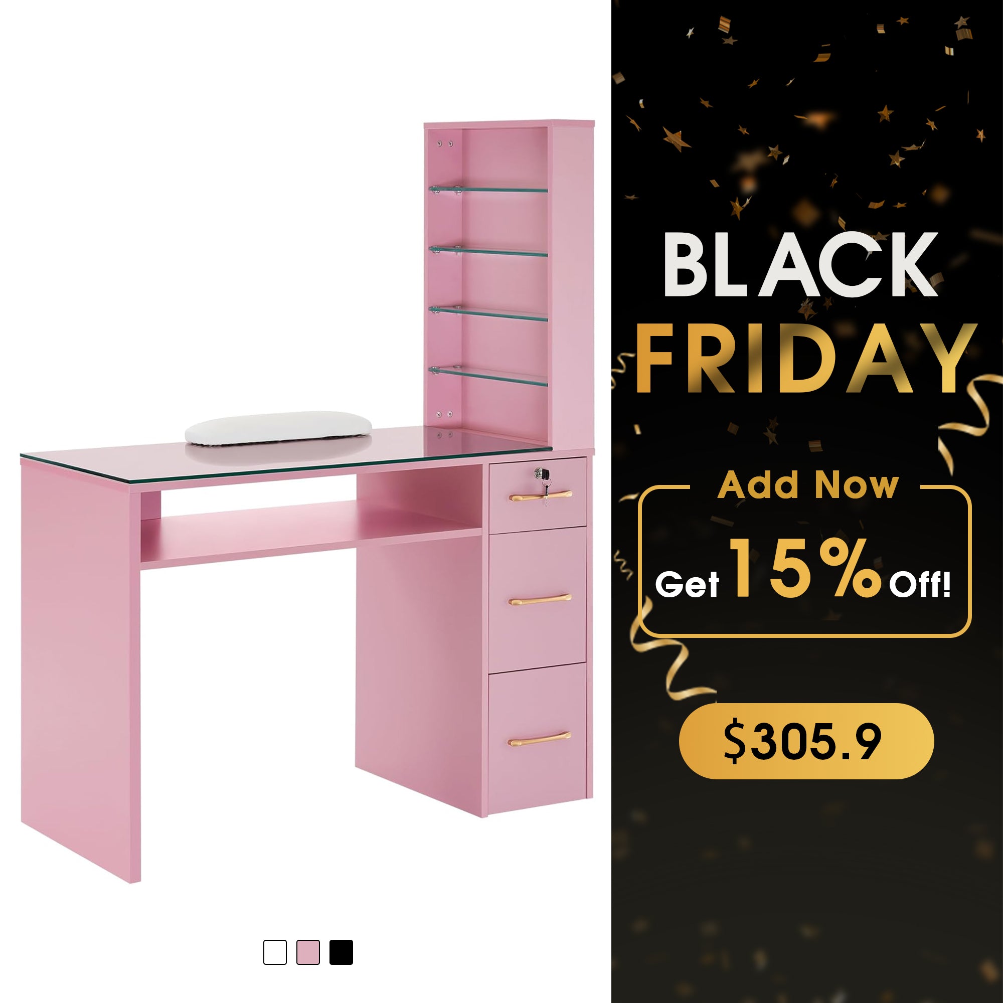 Glass Top Manicure Table With Open Shelves, Nail Tech Desk with Storage Drawers 2673