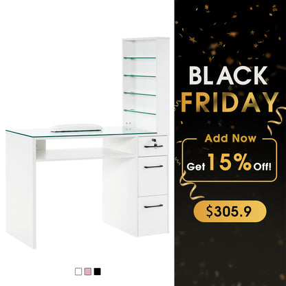 Glass Top Manicure Table With Open Shelves, Nail Tech Desk with Storage Drawers 2673
