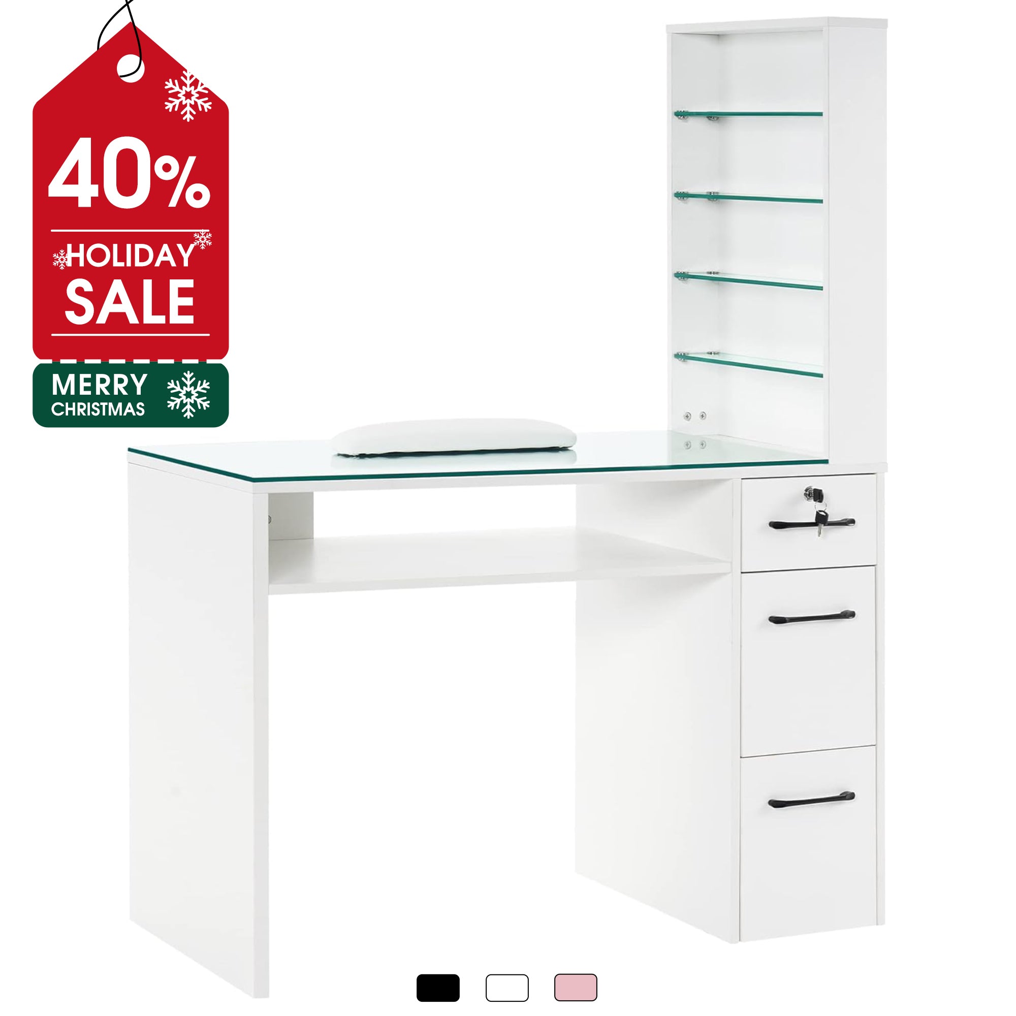 BarberPub Manicure Table With Open Shelves Nail Desk with Glass 2673