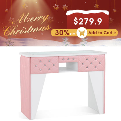 Glass-Top Nail Desk with Storage Drawer & Leather Padding, Beauty Manicure Station 2675