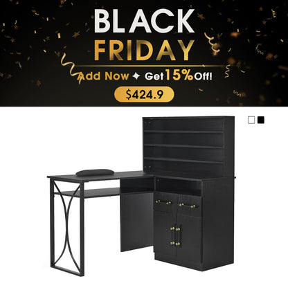 BarberPub L-shaped Nail Desk, Versatile Manicure Table with Metal Support 2833