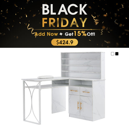 BarberPub L-shaped Nail Desk, Versatile Manicure Table with Metal Support 2833