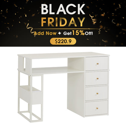 Cream White Nail Tech Desk with Built-In Storage, AC Outlets & USB Ports, Modern Manicure Equipment 2993